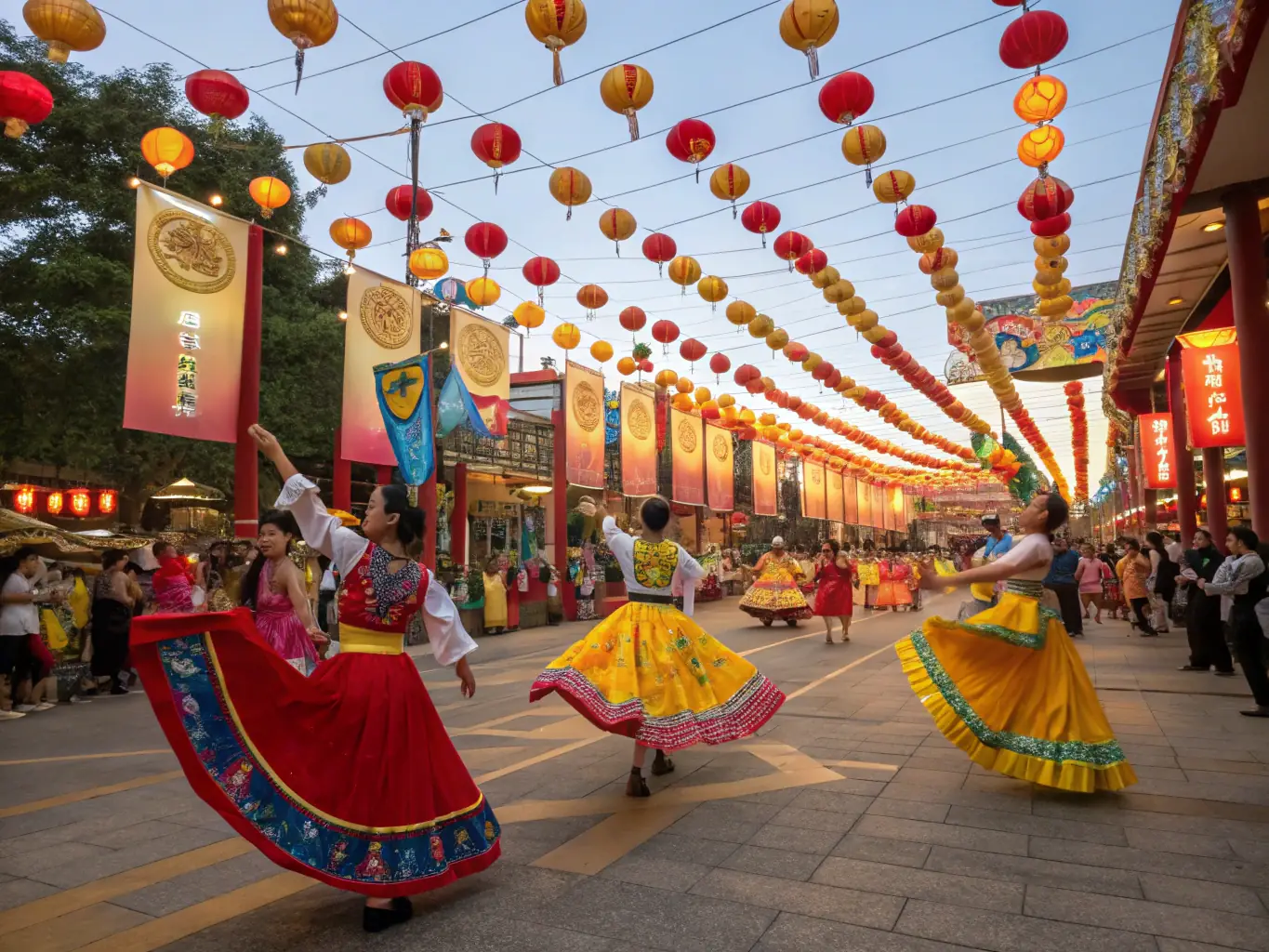 An image of a lively outdoor festival with local musicians, dancers, and colorful decorations, capturing community joy and cultural pride.
