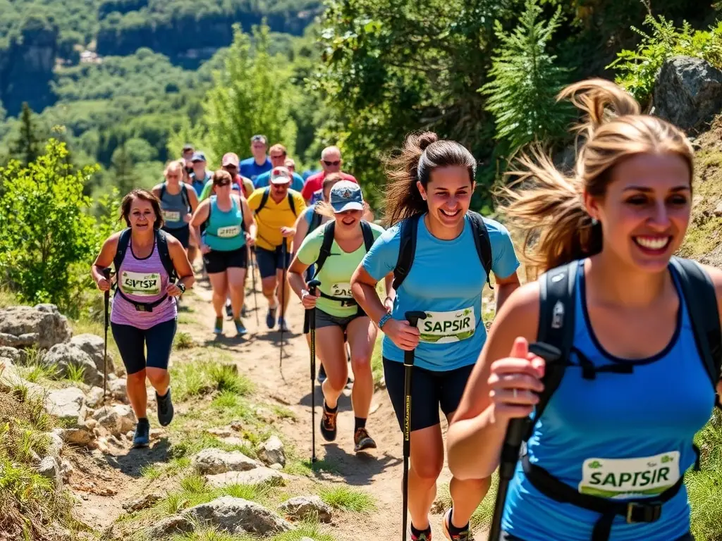 A group of diverse individuals participating in a trail run through a lush, green rural landscape, symbolizing community engagement and active lifestyles.