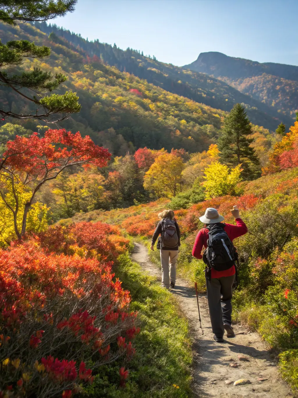 A serene image of hikers traversing a mountain trail, highlighting the physical challenge and natural beauty of the rural environment.