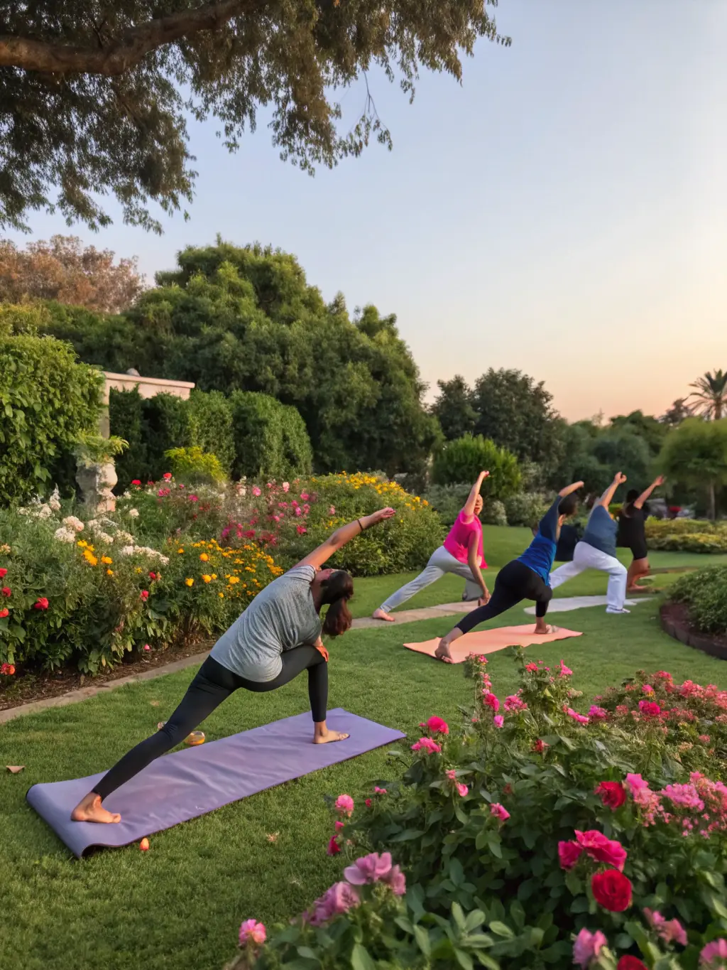 A group of people of varying ages participating in an outdoor yoga session in a scenic rural setting, emphasizing the health and wellness benefits of engaging with nature through 15EME PARALLELE SPORT ORGANISATION.