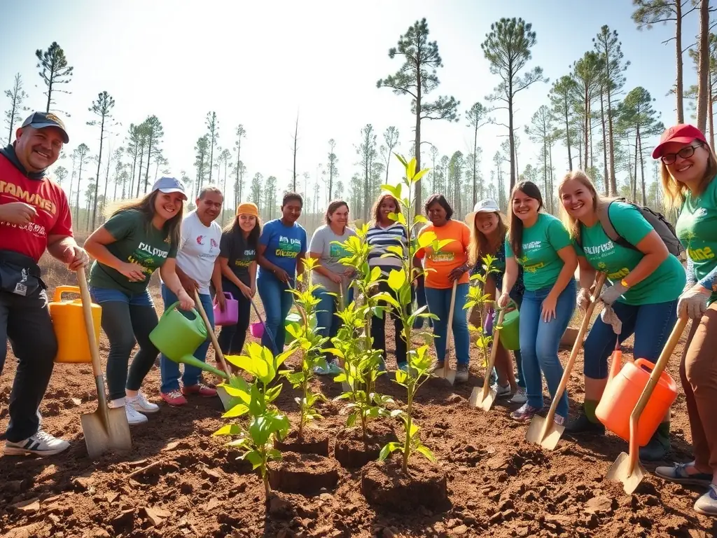 A diverse group of volunteers working together on an environmental project in a rural area, symbolizing community participation and environmental awareness.