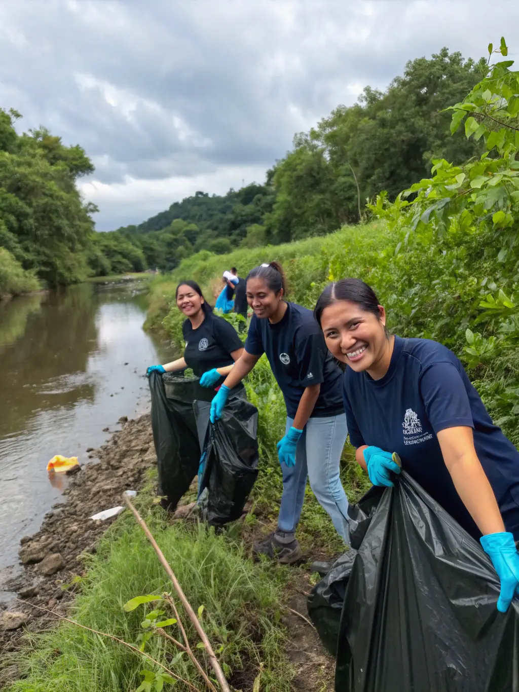 A group of diverse individuals participating in a trail cleanup, wearing gloves and carrying trash bags, set against a backdrop of a lush forest, symbolizing environmental stewardship and community involvement with 15EME PARALLELE SPORT ORGANISATION.