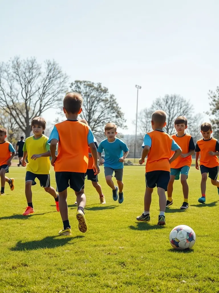 Children participating in a sports clinic organized by 15EME PARALLELE SPORT ORGANISATION, focusing on fundamental skills and teamwork, set against the backdrop of a rural sports field.