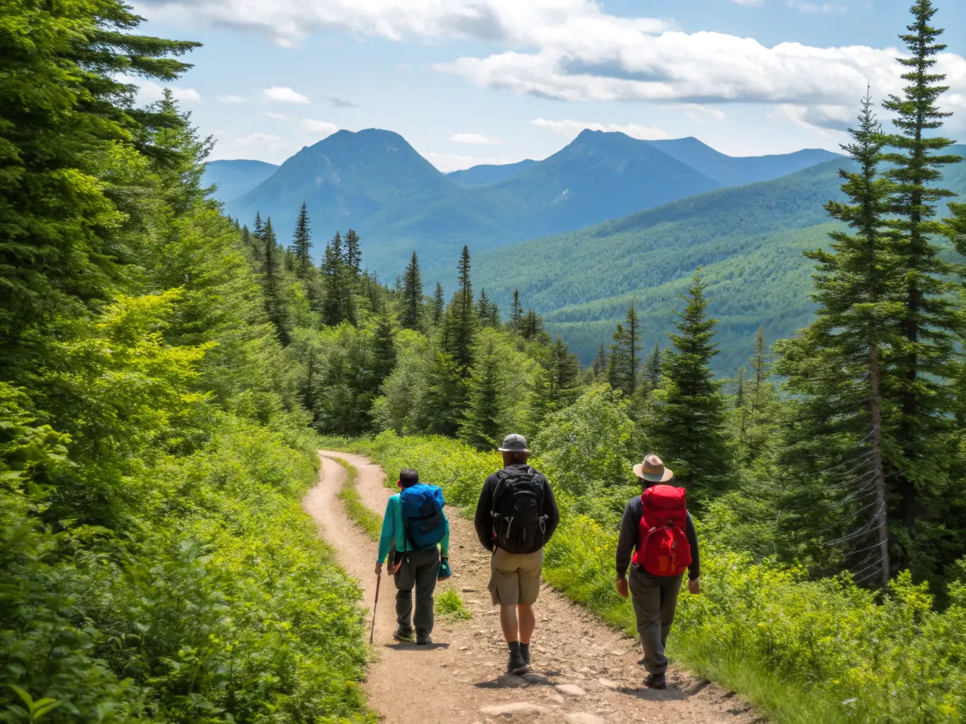 A group of people hiking through a lush green forest, sunlight filtering through the trees, representing the outdoor sports program.