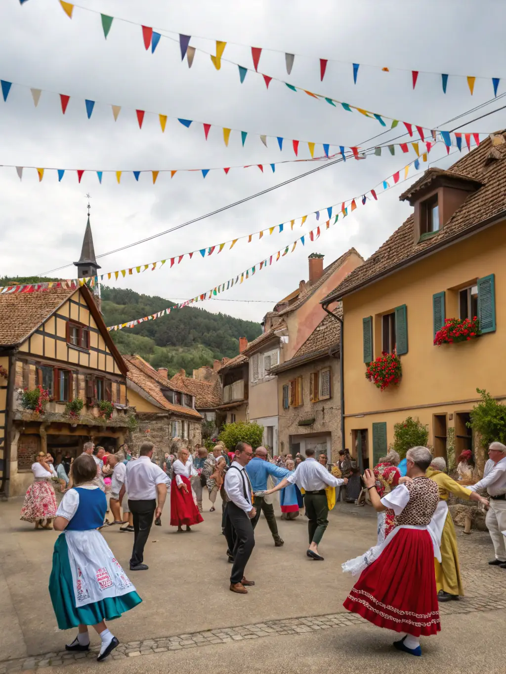 A photograph capturing participants engaged in a traditional French dance during a local cultural festival, showcasing the vibrancy of community heritage.
