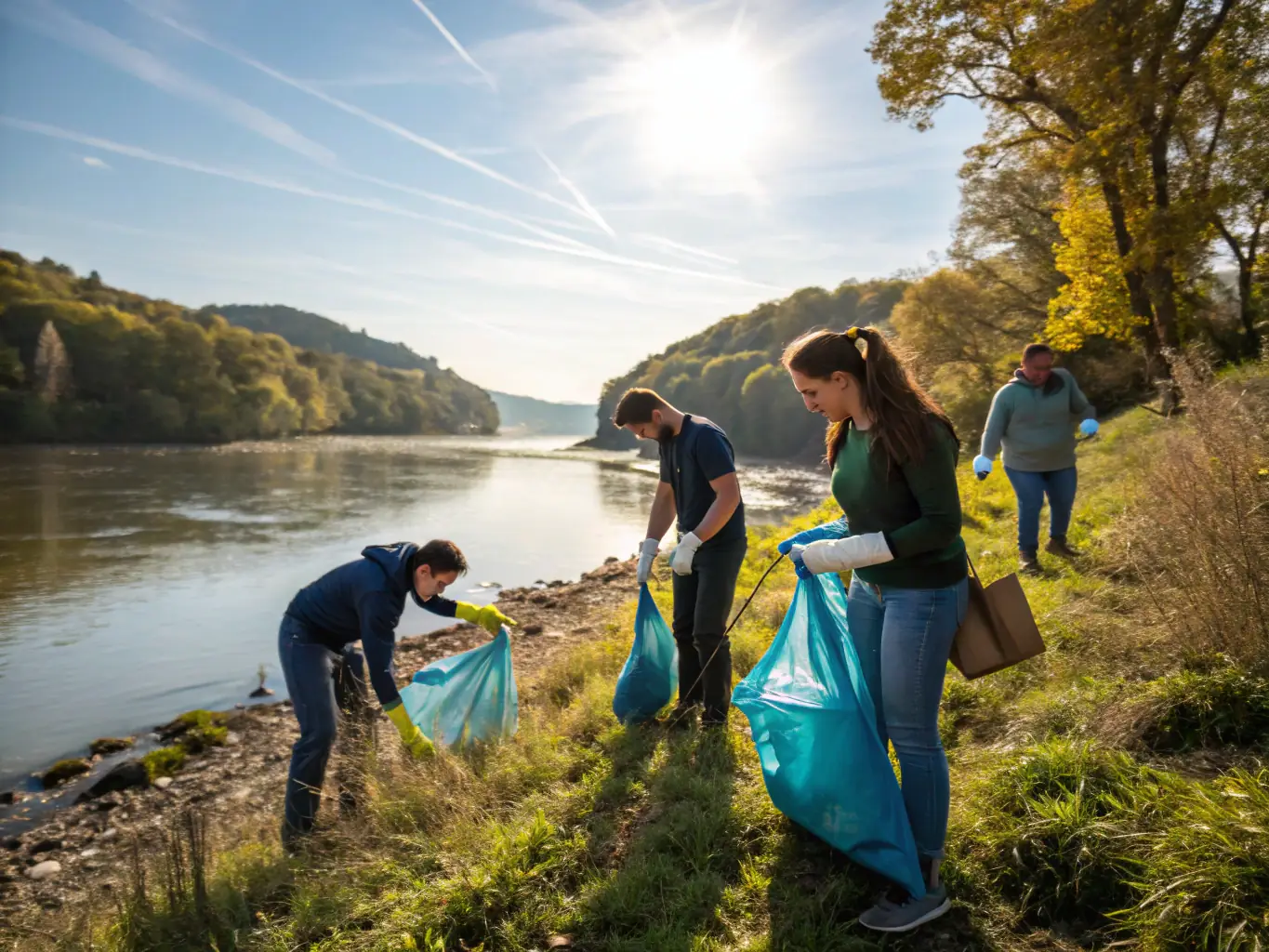 A photograph capturing a group of volunteers cleaning up a local riverbank, emphasizing environmental stewardship and community involvement.