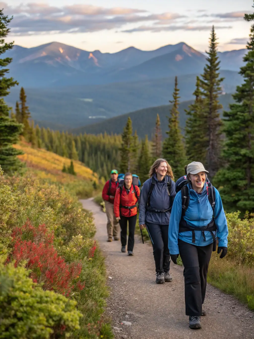 A group of diverse individuals participating in a guided hiking tour through a lush, green mountain trail, led by a guide wearing a 15EME PARALLELE SPORT ORGANISATION branded jacket, showcasing the organization's outdoor sports program.