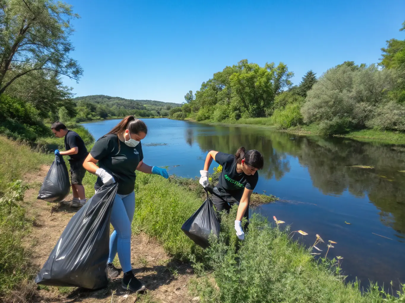 A photograph capturing volunteers cleaning up a local riverbank, showcasing the organization's commitment to environmental preservation and community involvement.