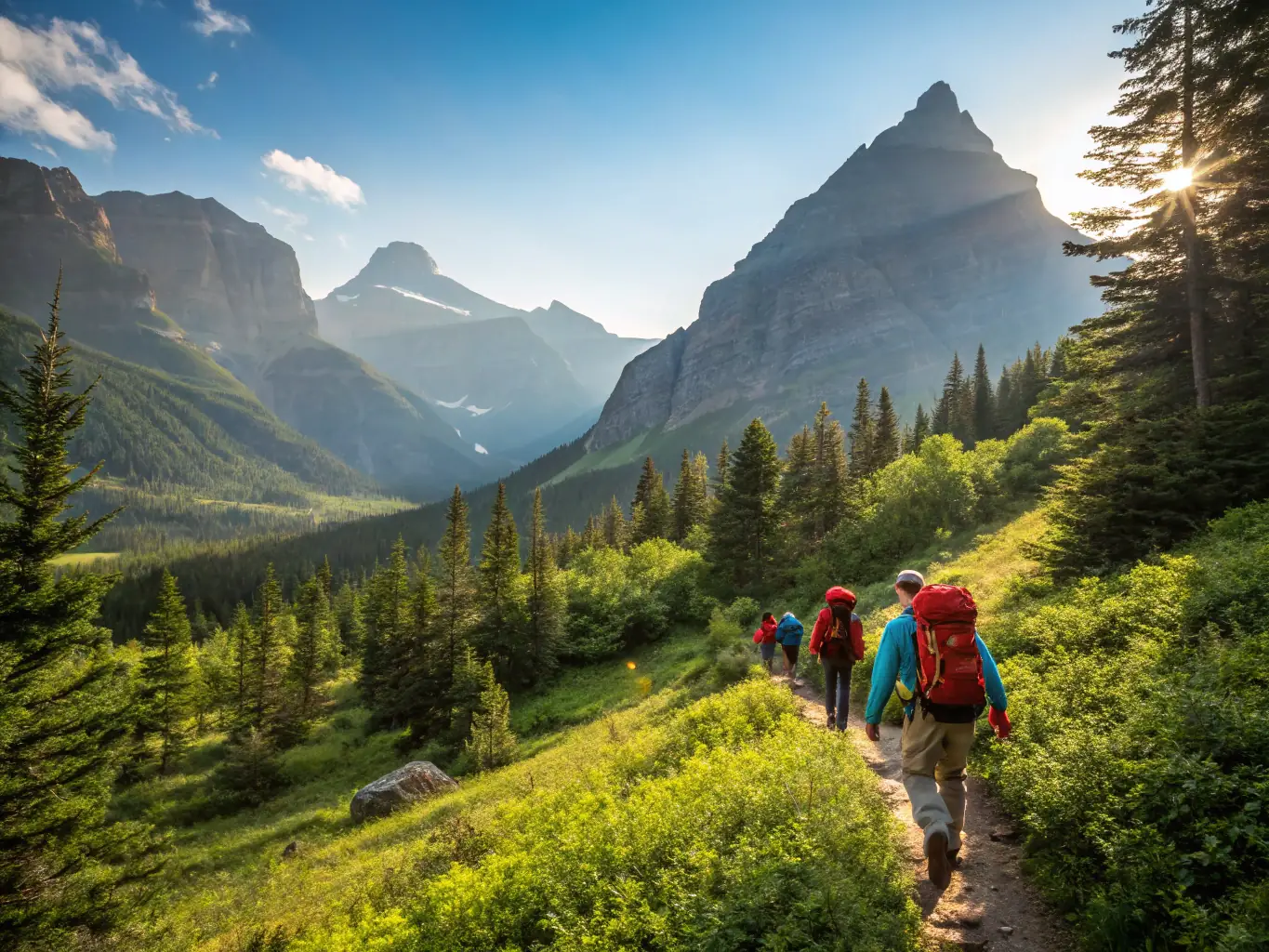 A vibrant image of community members participating in a group hike through lush countryside, showcasing teamwork and outdoor enjoyment.